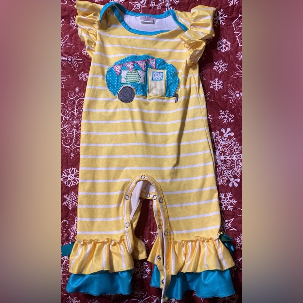 Marie Nicole Yellow and Teal Striped Kids Romper with Camper Design